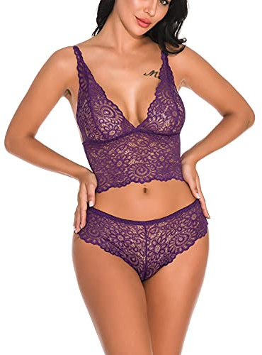 Lziizl Reggiseno sexy da donna in pizzo e slip set bralette lingerie 2 pezzi babydoll body S-XXL, Viola, L