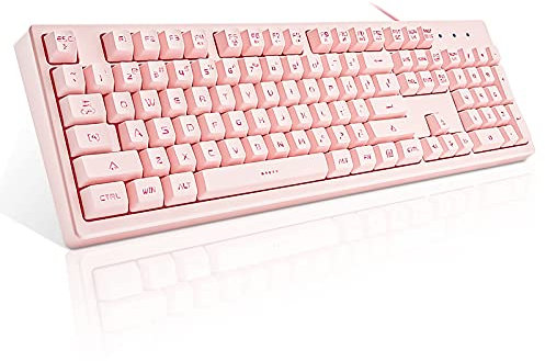 Basaltech Pink Keyboard with 7-Color LED Backlit, 104 Keys Quiet Silent Light Up Keyboard, 19-Key Anti-Ghosting Cheap Gaming Keyboard Mechanical Feeling Waterproof Wired USB for Computer, Mac, Laptop