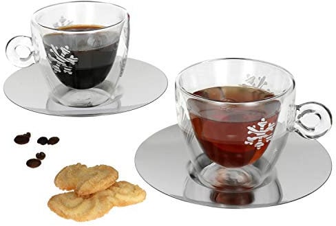 Luigi Bormioli Set di 4 bicchieri da tè I Natale I 165 ml I tazza in vetro a doppia parete + sottobicchiere in acciaio inox I vetro termico, espresso, moka e macchiato