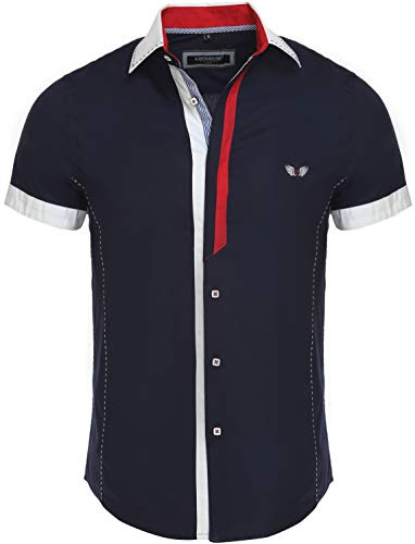 Carisma Camicia casual da uomo, a maniche corte, per il tempo libero/business, a contrasto, slim fit, con colletto Kent 9007, blu navy, L