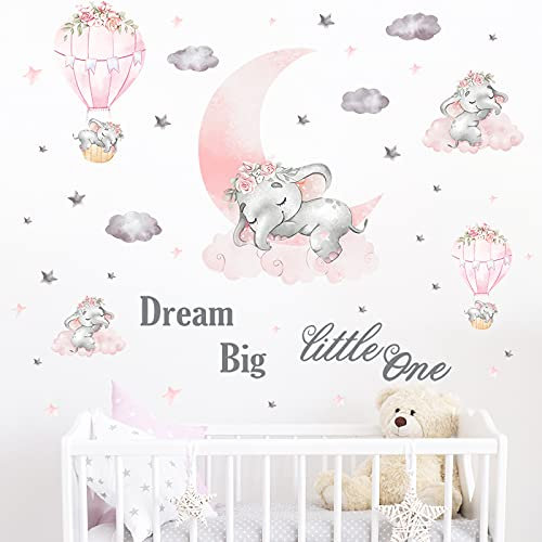 Groß Deco Wandtattoo Rosa Baby Elefant, Niedlich Fünf Elefanten Rosa Mond Graue Sternenwolke Wandsticker, JOENCOST Abnehmbar Kindergarten Wandaufkleber Baby Kinder Jungen Mädchen Schlafzimmer Wiege