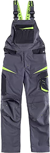 Work Team Pantalones con Peto de Trabajo. Tejido Canvas (Extremadamente Resistente y Duradero). Tirantes con elástico y Hebillas automáticas. Unisex Gris Oscuro+Negro+Verde Lima L