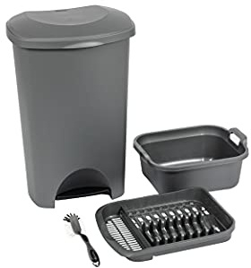 Addis 4 Piece Family Kitchen Office Starter Bulk Set Includes 50 Litre Pedal bin, Washing Up Bowl with Twin Handles, draining Plate Rack & Ultra Grip Dish Brush, All Metallic Grey, 519068AMP, one Size