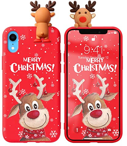 Pnakqil Natale Cover per iPhone XR 6.1, Custodia in silicone TPU con 3D cervo bambola cartone animato motivo regalo di Natale custodia di protezione morbida antiurto custodia per iPhoneXR, cervo