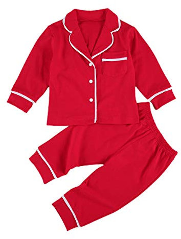 2PCs Toddler Baby Kids Pyjamas Clothes Set Long Sleeve Sweatshirt Homewear Hooded Breasted T-Shirt Lapel Top High Waist Long Pants Trousers Pocket Sleepwear Nightwear Oufits (Red, 2-3 Years)