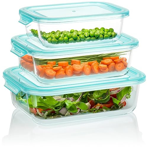 com-four® 3x Frischhaltedose - Vorratsdosen aus Glas mit Kunststoffdeckel - Frischhaltedose für Camping oder Picknick - Aufbewahrungsbox in 3 verschiedenen Größen (3x Glas - türkis)