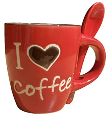 GMM Tasse à café en céramique avec cuillère intégrée, tasse de couleur rouge à l'intérieur et blanc à l'extérieur avec inscription « I Love Cofa », hauteur 6,5 cm, capacité 65 ml.