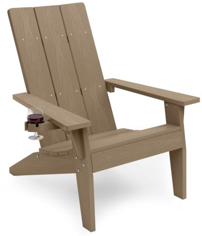 Adirondack Stuhl mit Getränkehalter für Outdoor Garten: Übergröße Adirondack Chair Kunststoff HIPS mit Getränkehalter - Adirondack Gartensessel Wetterfest für Balkon/Terrasse/Feuerstelle/Beach(Teak)