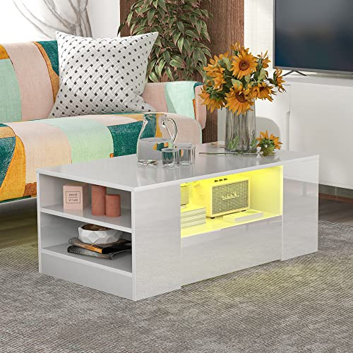 Merax Moderner Couchtisch Hochglanz Mit Led, Beistelltische fürs Wohnzimmer, Wohnzimmertisch, Sofatisch, 2 Schubladen und 2 Regalsofa (95 x 53 x 37cm) (Weiß)