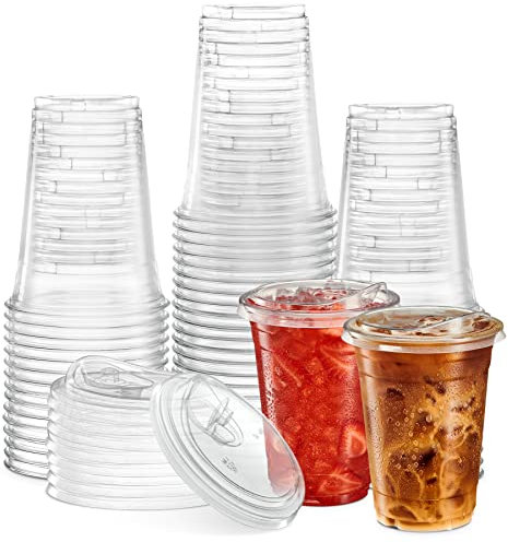 ELEGANT DISPOSABLES Transparente Becher mit Trinkhalm-Deckeln, 473 ml, PET, kristallklar, Einweg-Kaffeetassen mit Deckel, 473 ml, 50 Sets