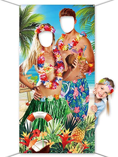 DPKOW Lustige Hawaii Foto Requisiten Banner, Stoff Luau Paar Gesicht im Loch Spiel für Hawaiian Luau Tiki Party Gastgeschenke, Tropische Party Fotoautomat Banner für Sommer Strand Party, 175 * 90 cm