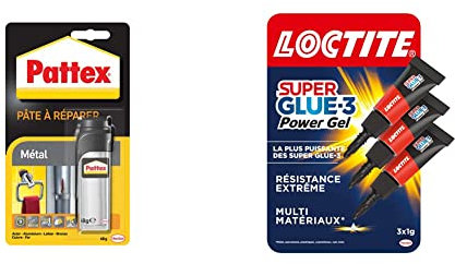 Lot de 2 produits - Pattex Pâte à réparer Métal 48 g, Pâte epoxy bicomposante avec particules de métal & Loctite Super Glue-3 Power Gel Mini Dose, colle forte enrichie en caoutchouc, lot de 3 tubes 1 g