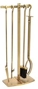 Ivyline Fireside Companion Set in Brass with Stand - Poker, Grabber, Brush & Dustpan - Modern Fireplace Tools - H72 x W28.5 cm