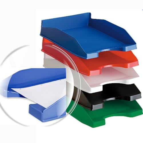 Officepaper - 5 Bandejas oficina apilables para documentos y folios - Bandeja apilable para oficina y escritorio - Bandejas de oficina para folios A4 y documentos - (Azul, blanco, rojo, negro y verde)