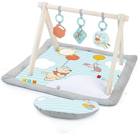 Bright Starts, Tapis d'Éveil Disney WINNIE THE POOH Once Upon a Tummy Time, avec Arc d'Activités en Bois, Bleu, Nouveau-nés et Plus