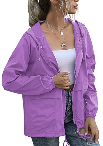 Giacca a vento impermeabile da donna leggera impermeabile giacca a vento con cappuccio con tasche per esterno, Viola chiaro, X-Large