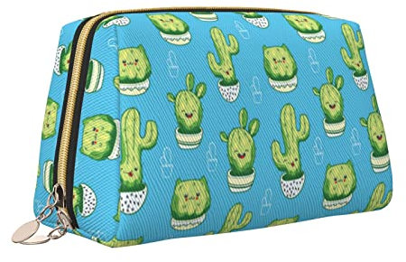 QQLADY Kaktus-Leder-Make-up-Tasche, große Kapazität, Reise-Kosmetiktaschen, Öffnung, Make-up-Tasche, tragbar, wasserdicht, Kulturbeutel für Frauen und Mädchen, Kosmetik-Organizer, Weiss/opulenter