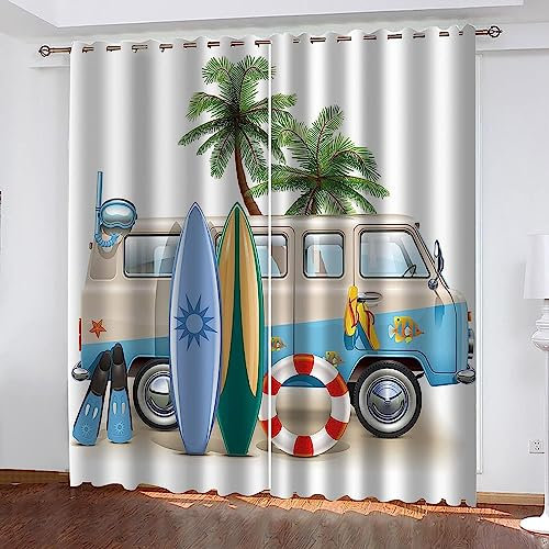 Vorhänge Blickdicht Ösenvorhang 2 Stücke 150 X 166 cm (B X H) Gardinen Mit Ösen Verdunkelungsvorhang Wohnzimmer Kinderzimmer Junge Schallschutz Vorhang, 3D Auto Am Strand - Bedruckte Vorhänge