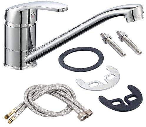Kitchen Sink Mixer Tap & 2X Hoses 60cm, Caravan Tap, Monobloc Single Top Lever with Long Swivel Spout, Traditional Faucet Chrome