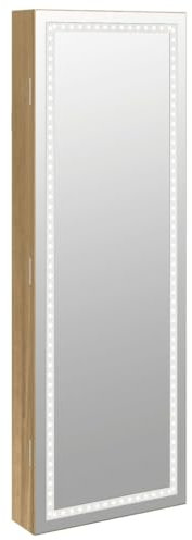 vidaXL Spiegel Schmuckschrank Wandmontage, Wandschrank mit LED Beleuchtung, Spiegelschrank mit Haken Bügeln Ablagen, Hängeschrank Kosmetikspiegel