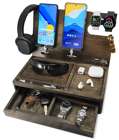 EcoLeafy Dot Nachttisch-Organizer mit Schublade, Handy-Dockingstation aus Holz, Schreibtisch-Organizer für zwei Handys oder Tablets, Uhren, Kopfhörer und Zubehör, einzigartige Geschenke für Männer