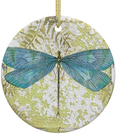Weihnachtsschmuck für Baumdekoration, blaue Libelle auf Vintage-Zinn, weiße Keramik, hängende Christbaumschmuck, Kugel, Heimdekoration (kreisförmig)