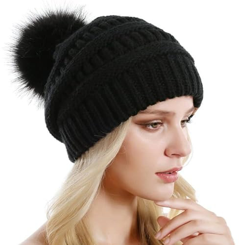 HSAJS Damen Beanie Mütze Warme Wintermütze Winter Strickmütze mit Bommel Slouch Strick Beanie Atmungsaktivem und Leichtem für Winter Bommelmütze