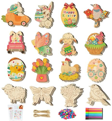 WEVOL Holzanhänger Ostern zum Bemalen,48pcs Ostern Basteln Kinder,Ostereier Anhänger Holz Ostern Deko,Oster Bastelset Dekoration