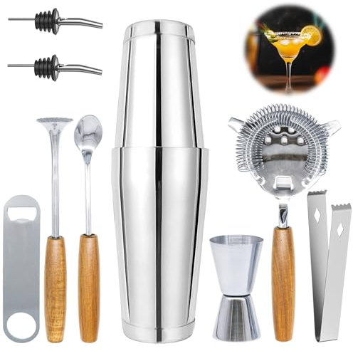 VBNZBK Shaker à cocktail, 750 ml/560 ml, ensemble de shaker à cocktail Boston Shaker à cocktail 360 avec double verre doseur, cuillère, pourer, pince à glace, mélange de boissons, maison, bar, fête