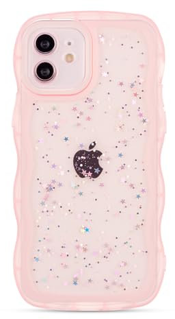 ZTOFERA Wavy Case for iPhone 12 (6.1), Cute Girls Clear Curly Wave Frame Shape Bling Sparkle Star Glitters Soft TPU Back Cover Protective Phone Case Lightweight Shockproof Bumper Cover, Pink