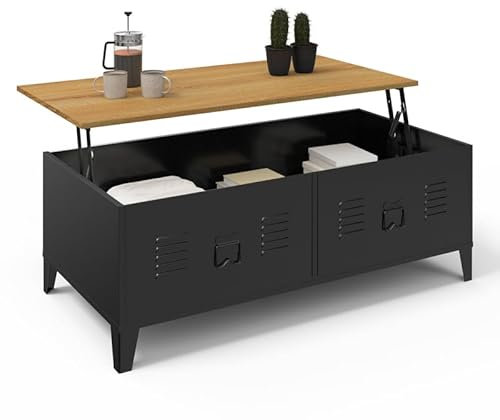 IDMarket Table Basse Plateau relevable rectangulaire Ester Bois façon hêtre et métal Noir Design Industriel