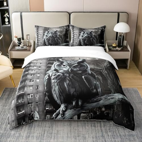 Loussiesd Eule Betten Set 3D Tier Gedruckt 100% Baumwolle Bettwäsche Set 155x220cm für Kinder Jungen Mädchen Zimmer Dekor Vogel Dekor Bettbezug Set Eulen Bettwäsche 2Stück Reißverschluss