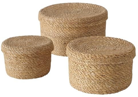 Deko Aufbewahrungs Korb 3er Set - 15/20 / 25 cm - Rattan Allzweck Flechtkorb aus Seegras - Naturfaser Körbchen Mehrzweck Korbset natur