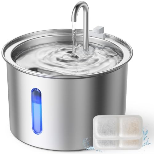 oneisall Fontaine à eau pour chat en acier inoxydable, fontaine à eau de 2 L pour chats d'intérieur avec pompe silencieuse et 3 filtres de rechange, fontaine à eau automatique pour animaux de