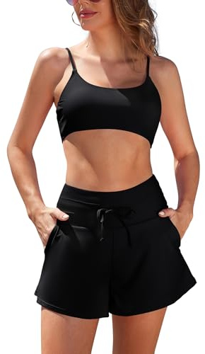 SHEKINI Traje de baño de dos piezas para mujer, conjunto de bikini con 2 bolsillos, cintura alta con cordón, pantalones cortos de natación push up, bandeau ajustable, control de abdomen, traje de baño