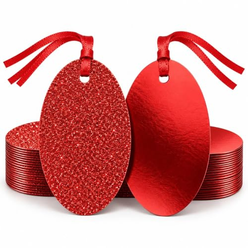 20 luxuriöse rote ovale Geschenkanhänger, Glitzer- und Folien-Design, Öko-Verpackung