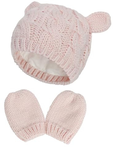 DKDDSSS Berretto, Berretto Invernale, Set di Guanti per Berretto Invernale, Guanto per Cappellino, Guanto Morbido per Neonato, Guanto per Neonato, Guanti Neonato, Cappellini Neonata, 6-18 Mesi, Rosa