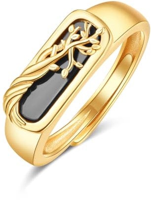 Schwarzer Onyx Siegelring Minimalistischer Baum des Lebens Statement Ring Chunky Gold Herrenring Geschenk für Ihn Größe 8