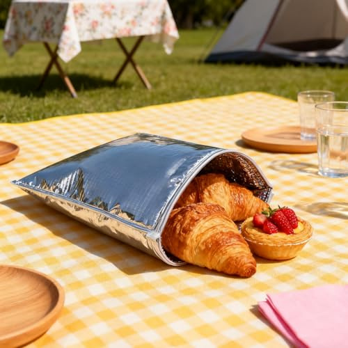 WGFOIP Isolierbeutel, aus Alufolie mit Wärmedämmung und Reißverschluss, Isolierte Tasche, für Picknick, Mittagessen, Reisen und Camping, Silber, 35 * 40cm