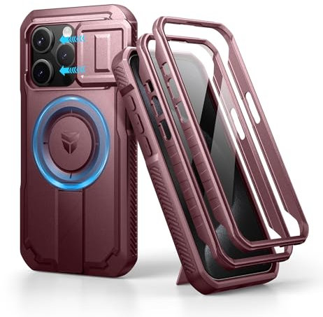 Dexnor for iPhone 15 Pro Magnetic Case With Slide Camera Cover & Adjustable Kickstand & Built-in Screen Protector, Rugged Shockproof Bumper Cases Heavy-duty Cover - Wine Red