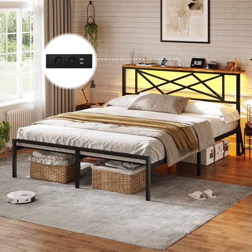 DICTAC Lit Double140x200 en Métal, LED Lits avec tête LED et 2Ports USB et Prise de Courant, Cadre de lit en métal avec Étagères de Rangement, 32cm Espace de Rangement sous Le lit, Marron Vintage/Noir