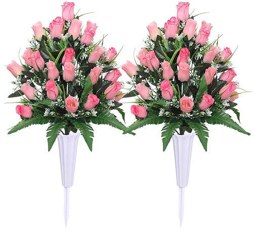 Lodou Fiori artificiali per cimitero, decorazioni per tombe, bouquet con vaso da cimitero, fiori di seta per ricordare a lungo (rosa)