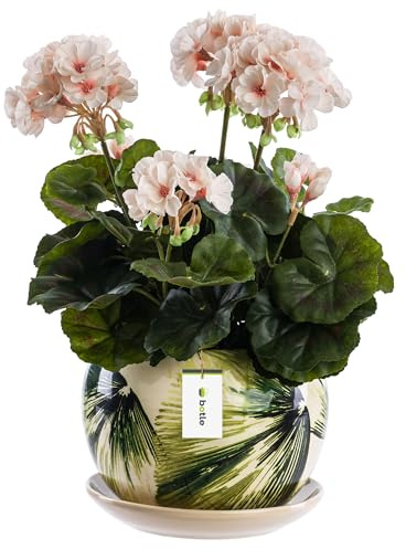 Blumentopf Rund Keramikkugel Ø16,5 cm H 15,5 cm Creme mit grünen Blattmustern glanz mit Untersetzer Rund Blumenarrangements, einzigartige Musterdekoration,originelle Dekoration, Sukkulenten Geranien G