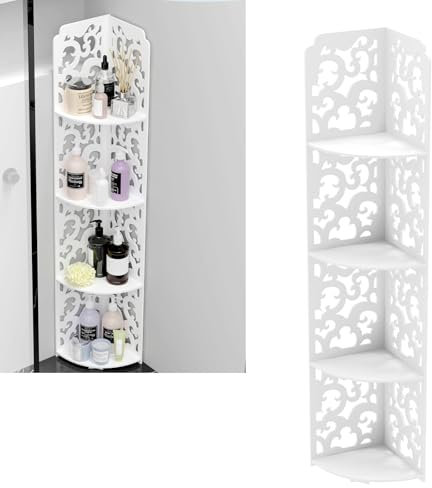 Corner Rack, White 4 Tier Corner Shelf Unit Freestanding Small Corner Shelves Plant Standing Rack Hollow Shelving Storage Shelf Furniture Shelves for Bathroom Living Room Kitchen Hallway, White