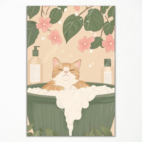 GAINOW Rustikale japanische Wandkunst auf Leinwand, ästhetisches Poster mit japanischer Katze im Badezimmer, getigerte Katze in der Badewanne, süßes Tiergemälde für die Toilette 30x40cm ungerahmt
