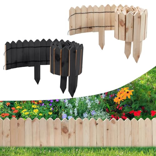 Jaxguom Rasenkante Beetumrandung Rasenkante Holz Flexibler Holzzaun Gartendeko Gartenpalisade für Beeteinfassung, Mähkante Rollborder, Steckzaun Blumenbeet,Natural,Höhe 20 cm
