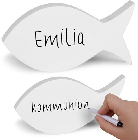 BETESSIN 2er Set Holzfische Kommunion Deko Junge & Mädchen - Weiße Holzfische Deko zum selbst gestalten - Tischdeko zur Konfirmation, Kommunion, Taufe, Firmung uvm. (30x15cm, 25x13cm)