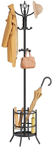 Tajsoon Coat Rack with Umbrella Holder, Coat Stand With 16 Hooks, Black | 2-In-1 Design, Coat Tree Freestanding, Durable & Stable, Space-Saving, For Living Room, Bedroom, Office