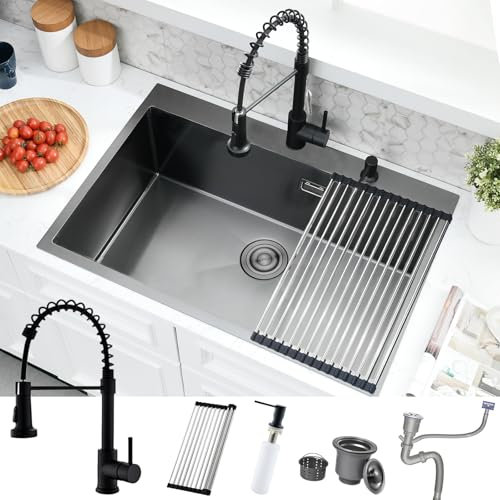 BoomHoze Évier Noir Anthracite 75 X 45 Cm Avec Robinet De Cuisine Extensible Gris Noir, Égouttoir Et Siphon - 1 Bac Carré Encastré Avec 2 Trous