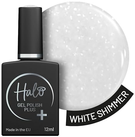Halo Gel Polish Plus 12ml - White Shimmer. UV/LED Gel Nail Polish, Long Lasting & Easy To Apply. Nail Art Colours For Manicure & Pedicure. Hema Free Gel Polish For Professional & Home Use.